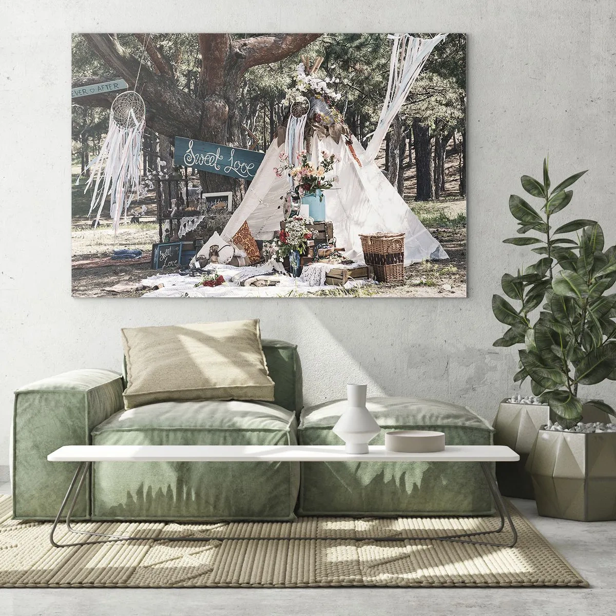 Obraz na skle - Boho venkovní dekorace s týpí a květinami v lese - 70x50cm - Make love… - Moderní nástěnná dekorace do obývacího pokoje a ložnice ARTTOR