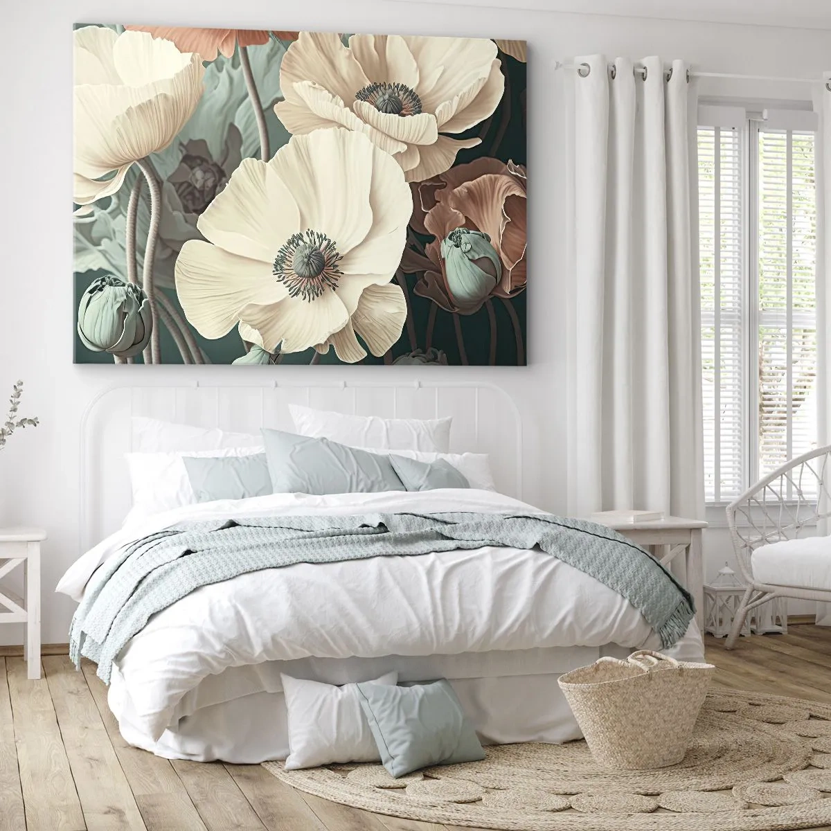 Obraz na plátně - Elegantní květiny v pastelových odstínech na zeleném pozadí - 70x50cm - Šepot máků - Moderní nástěnná dekorace do obývacího pokoje a ložnice ARTTOR