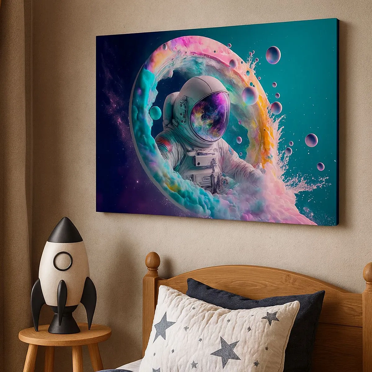 Obraz na plátně - Astronaut v barevné kosmické auře - 70x50cm - Hvězdná brána - Moderní nástěnná dekorace do obývacího pokoje a ložnice ARTTOR
