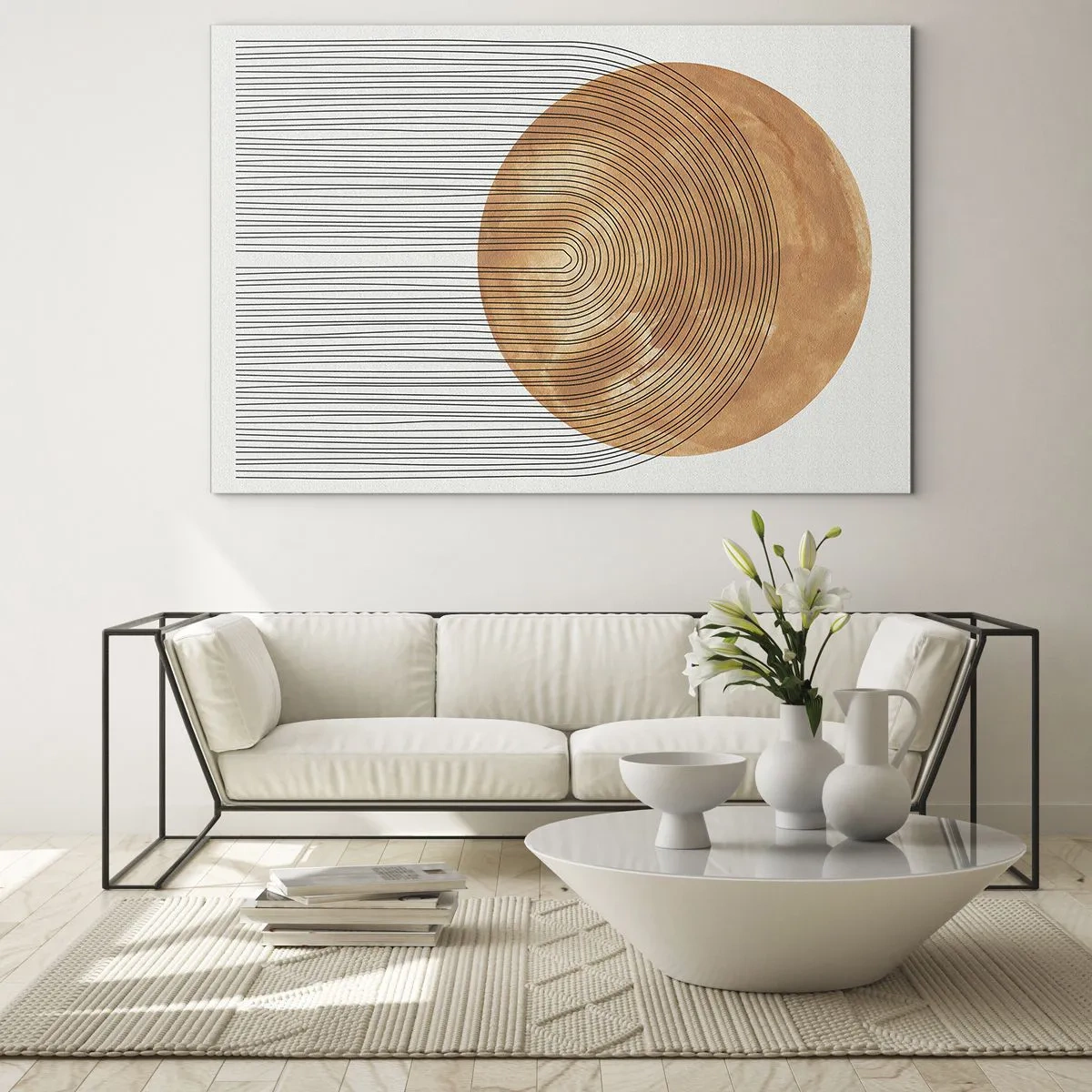 Obraz na skle - Geometrický tvar se soustřednými čarami a zlatým kruhem - 70x50cm - Slunečná kompozice - Moderní nástěnná dekorace do obývacího pokoje a ložnice ARTTOR