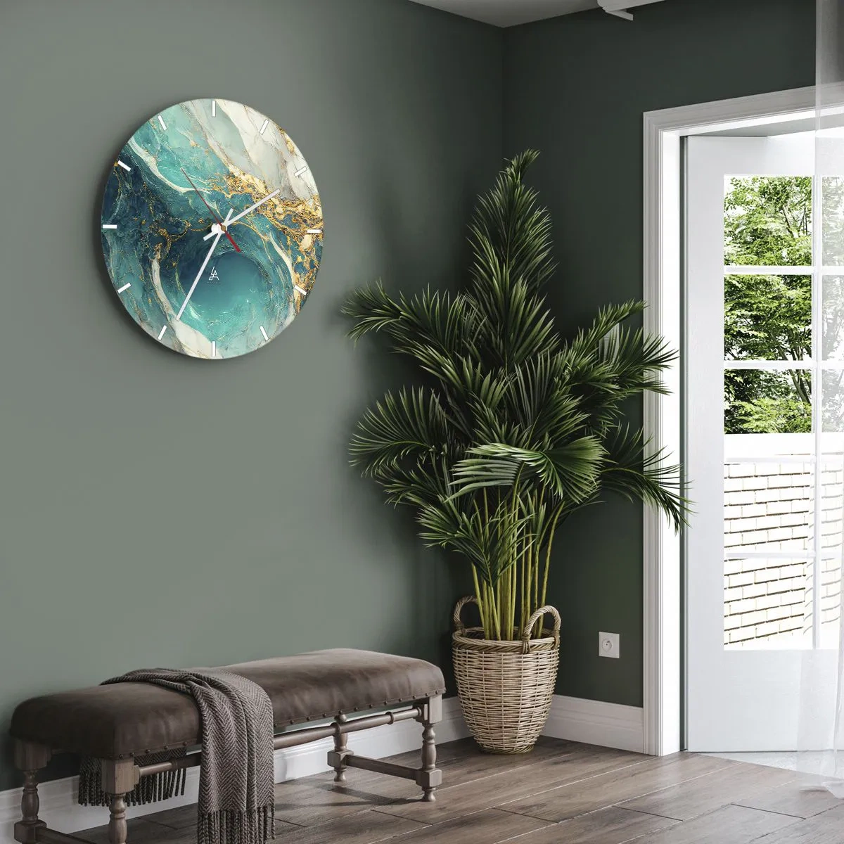 Nástěnné hodiny - Tyrkysový abstrakt s vířícím zlatým vzorem - 30x30cm - Kompozice se zlatými žilami - Moderní nástěnná dekorace do obývacího pokoje, kuchyně a ložnice ARTTOR