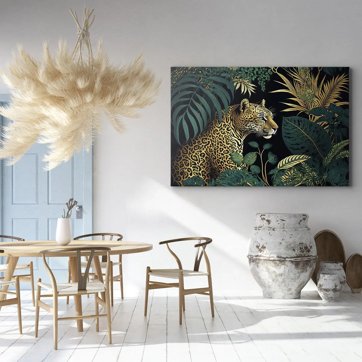 Obraz na plátně - Leopard v tropických listech na černém pozadí - 70x50cm - Domácí v džungli - Moderní nástěnná dekorace do obývacího pokoje a ložnice ARTTOR