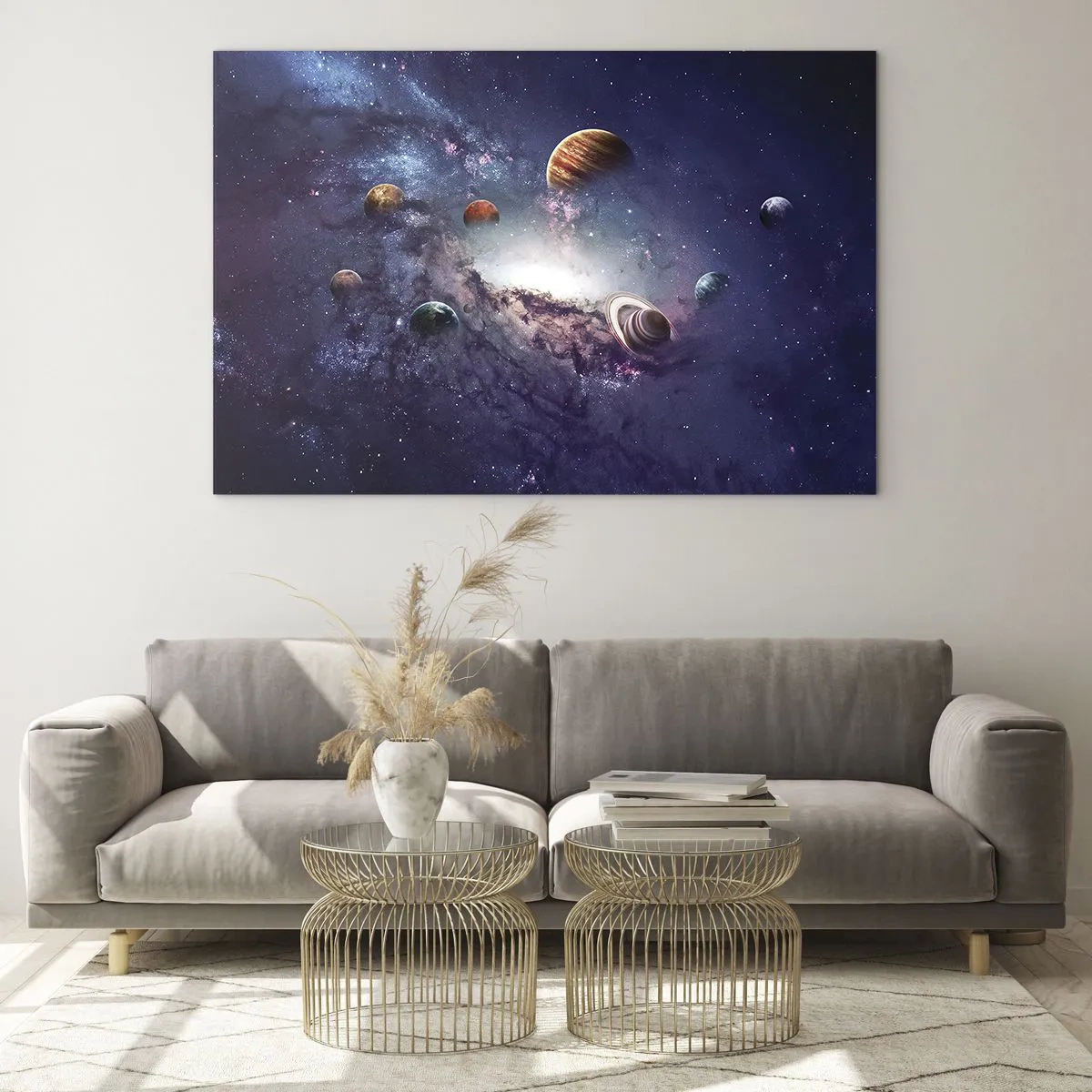 Obraz na skle - Fantastická vize planet rotujících ve vesmíru - 70x50cm - Slunce a tanec - Moderní nástěnná dekorace do obývacího pokoje a ložnice ARTTOR