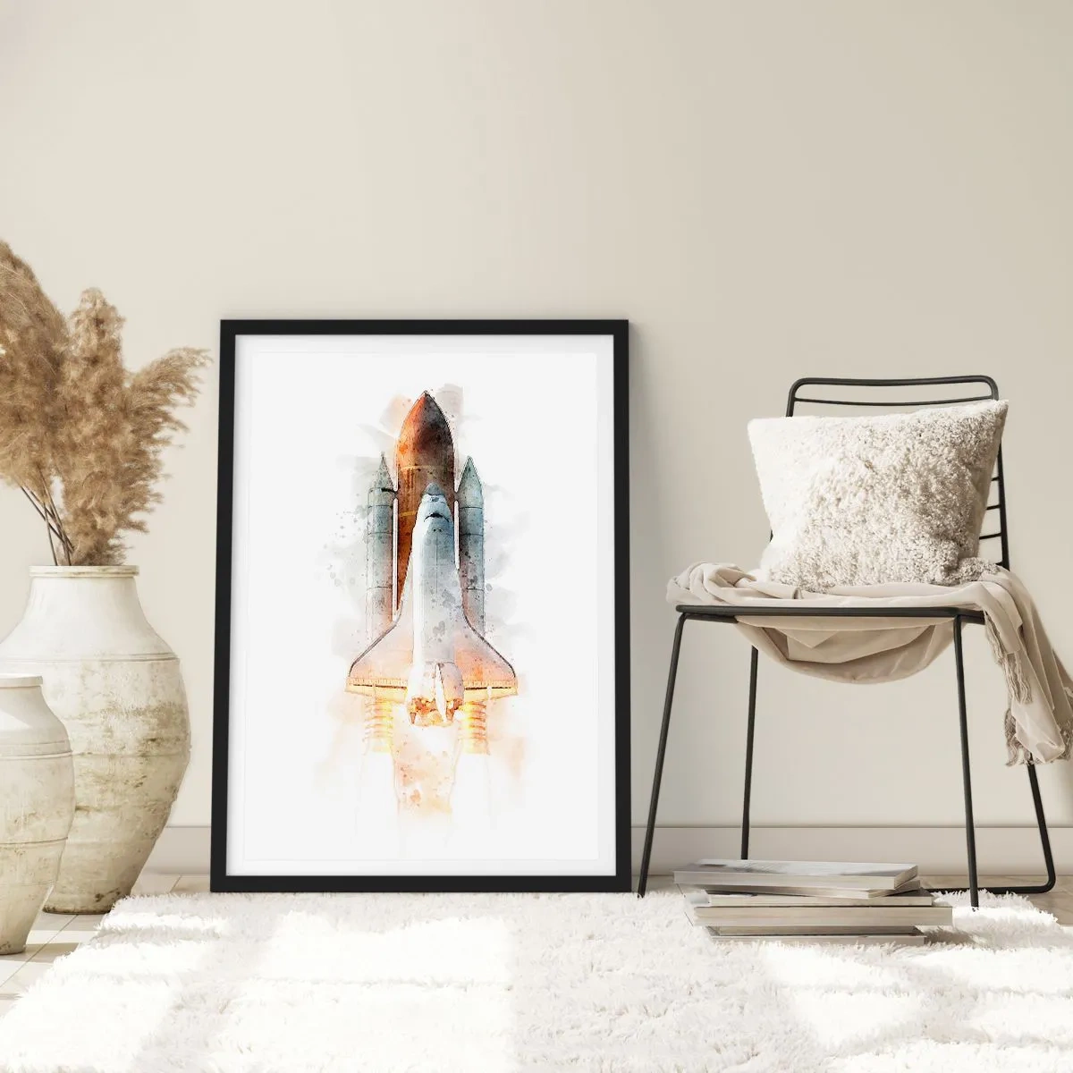 Plakát v černém rámu - Vzlet raketoplánu ve stylu akvarelu - 50x70cm - Průzkumníci do toho - Moderní nástěnná dekorace do obývacího pokoje a ložnice ARTTOR