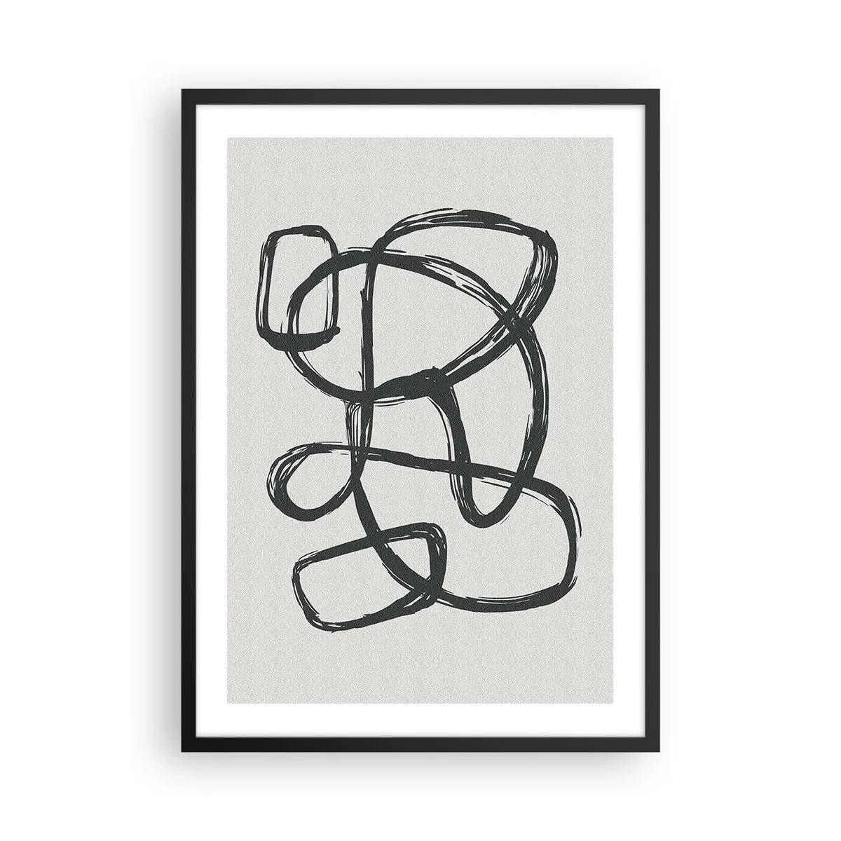 Plakát v černém rámu - Abstraktní černá čára na světlém pozadí - 50x70cm - Abstrakce ve smyčce - Moderní nástěnná dekorace do obývacího pokoje a ložnice ARTTOR