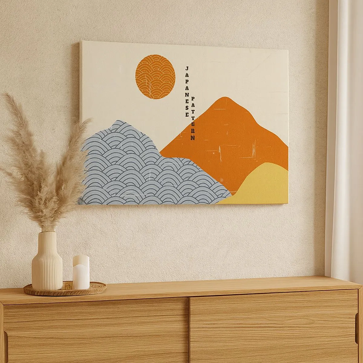 Obraz na plátně - Japonské vzory s horami, sluncem a minimalistickým stylem - 70x50cm - V japonském duchu - Moderní nástěnná dekorace do obývacího pokoje a ložnice ARTTOR