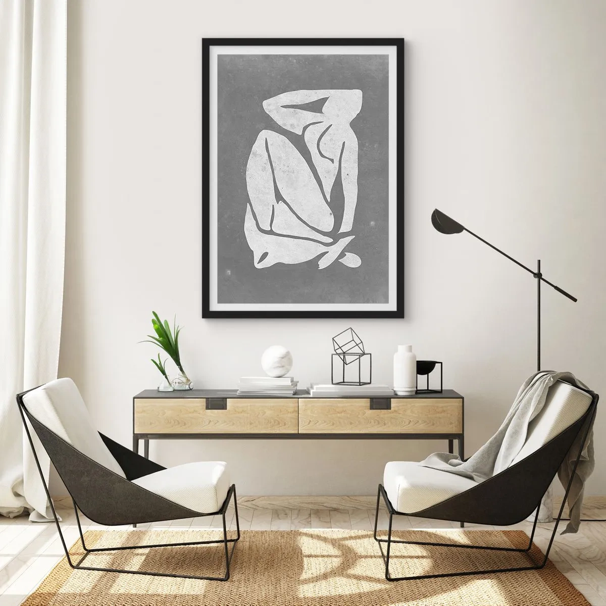 Plakát v černém rámu - Minimalistická silueta ženy v odstínech šedé - 50x70cm - V zádumčivosti - Moderní nástěnná dekorace do obývacího pokoje a ložnice ARTTOR