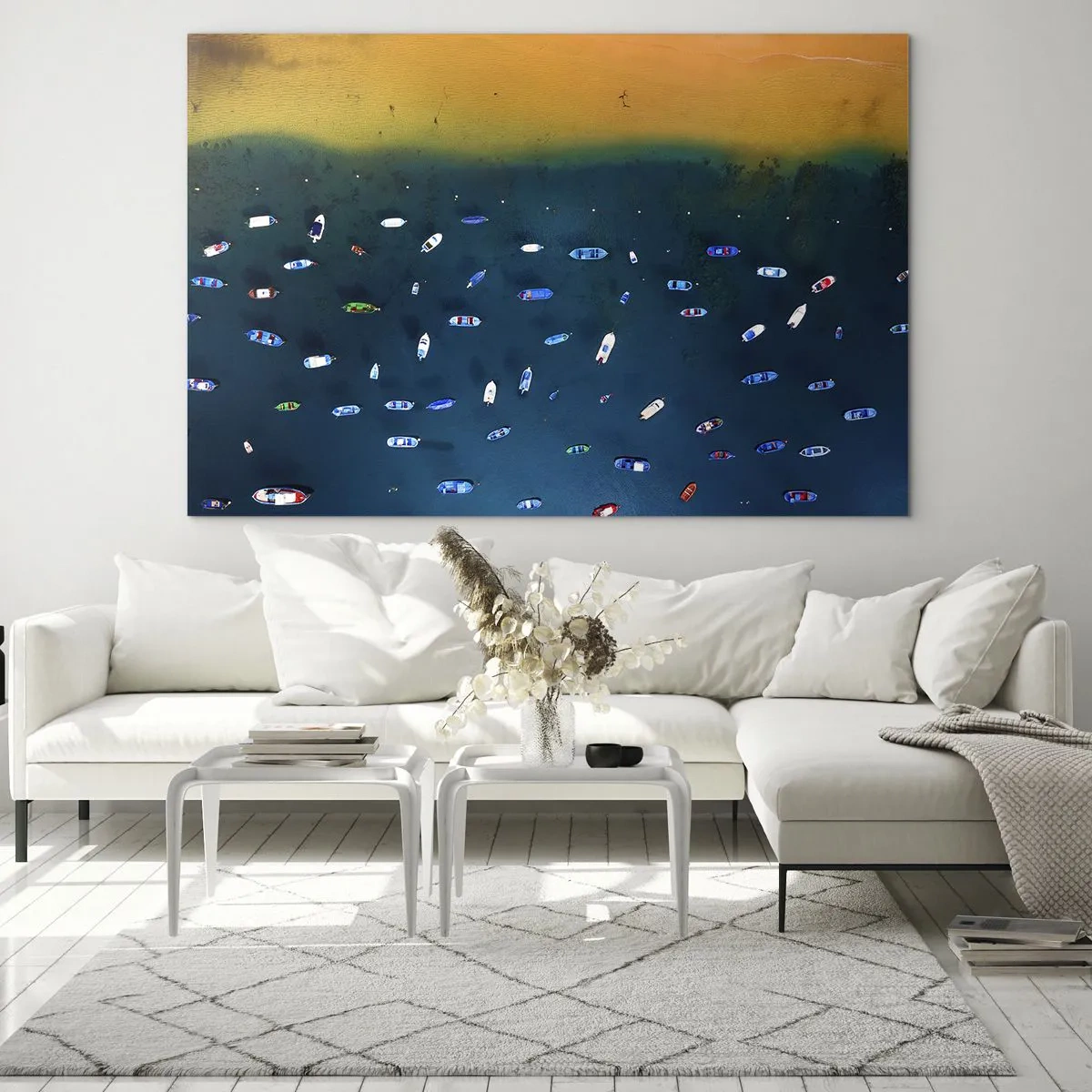 Obraz na skle - Lodě na pozadí tyrkysové vody a zlatého pobřeží - 70x50cm - Prázdninová hra - Moderní nástěnná dekorace do obývacího pokoje a ložnice ARTTOR