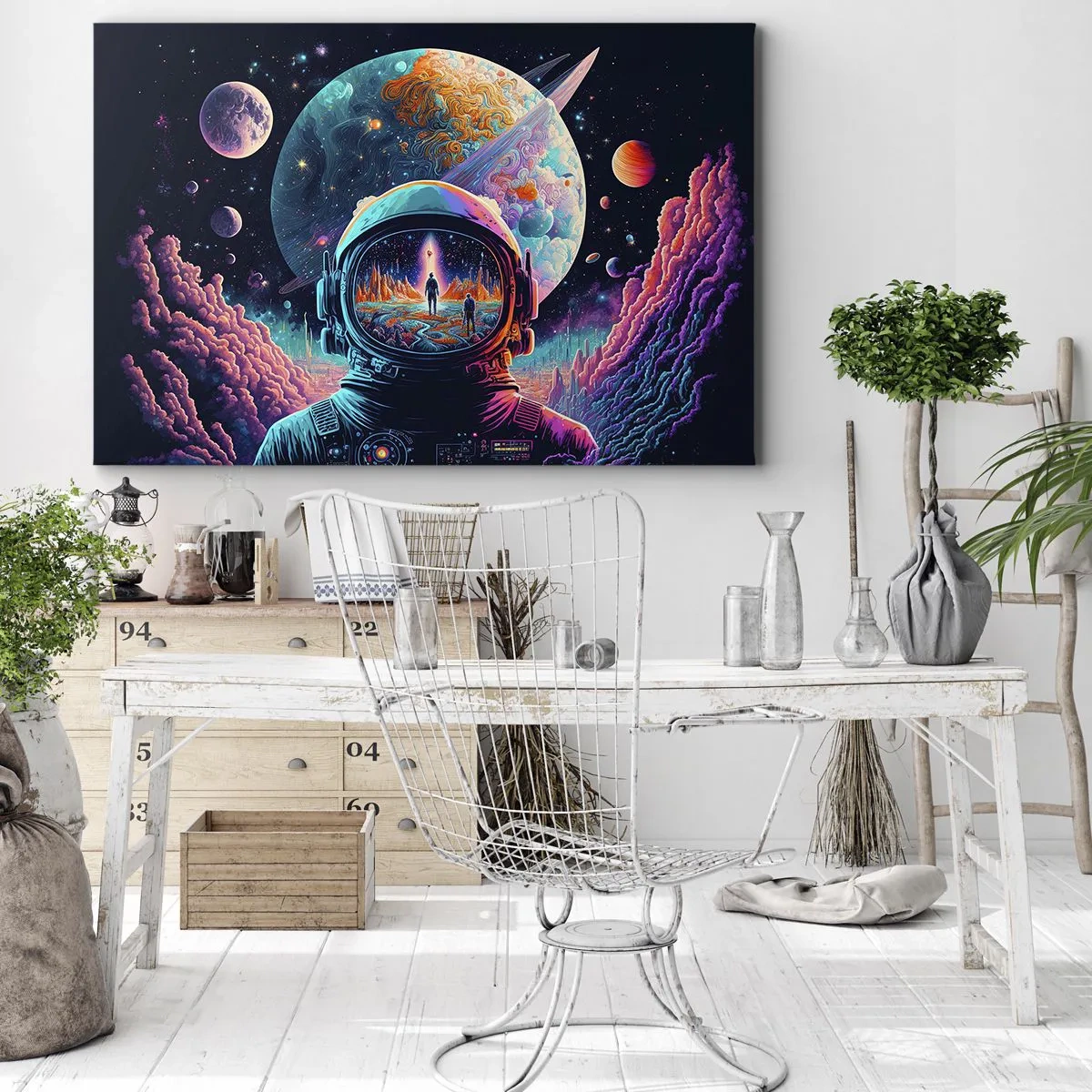Obraz na plátně - Astronaut ve vesmíru s barevnou planetární krajinou - 70x50cm - Filosofům se to ani nesnilo - Moderní nástěnná dekorace do obývacího pokoje a ložnice ARTTOR