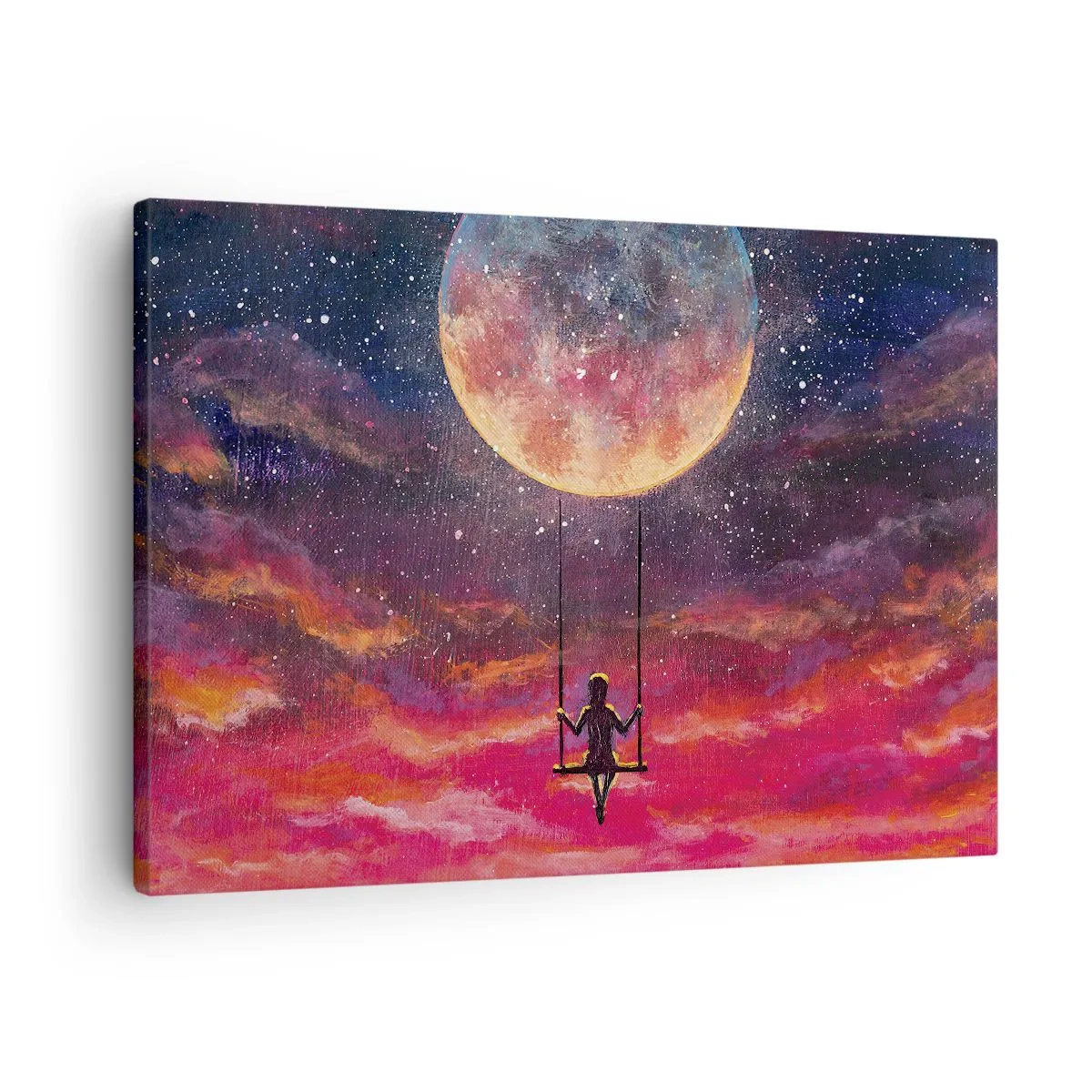 Obraz na plátně - Postava na houpačce zavěšená proti měsíci - 70x50cm - Stavět si vzdušné zámky - Moderní nástěnná dekorace do obývacího pokoje a ložnice ARTTOR