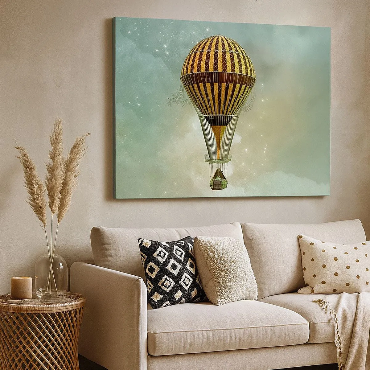 Obraz na plátně - Horkovzdušný balón vznášející se mezi mraky - 70x50cm - Průkopnické lety - Moderní nástěnná dekorace do obývacího pokoje a ložnice ARTTOR