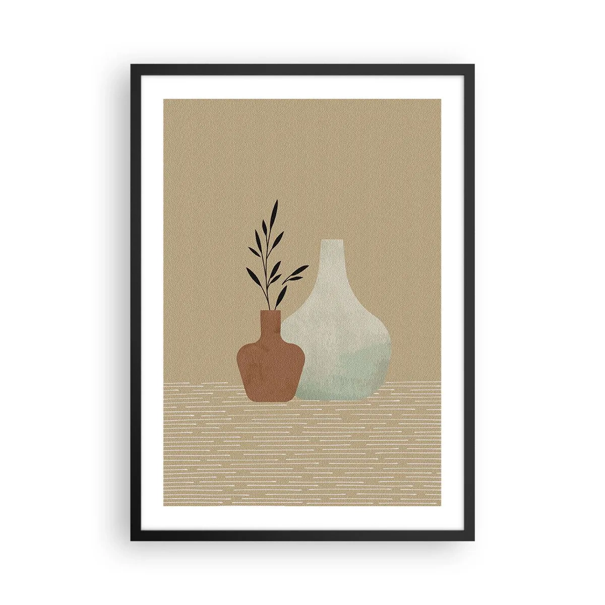 Plakát v černém rámu - Ilustrace keramických váz v tlumených barvách - 50x70cm - Váza a její myšlenka - Moderní nástěnná dekorace do obývacího pokoje a ložnice ARTTOR
