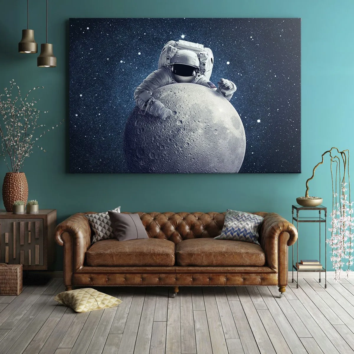 Obraz na plátně - Astronaut držící měsíc proti hvězdné obloze - 70x50cm - Vesmírný vtipálek - Moderní nástěnná dekorace do obývacího pokoje a ložnice ARTTOR