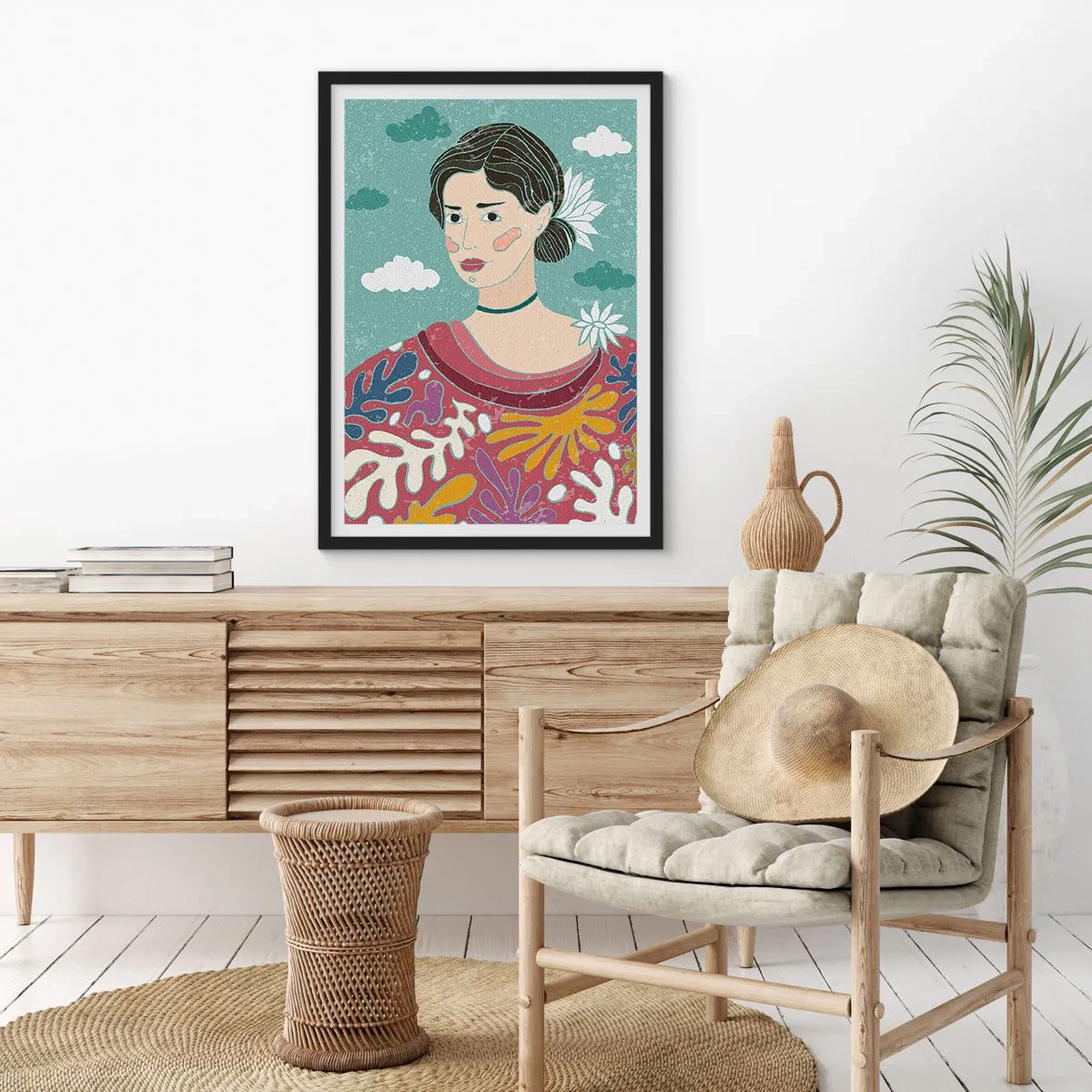 Plakát v černém rámu - Portrét ženy v barevných, stylizovaných šatech na pozadí mraků. - 50x70cm - S melancholií v pohledu - Moderní nástěnná dekorace do obývacího pokoje a ložnice ARTTOR