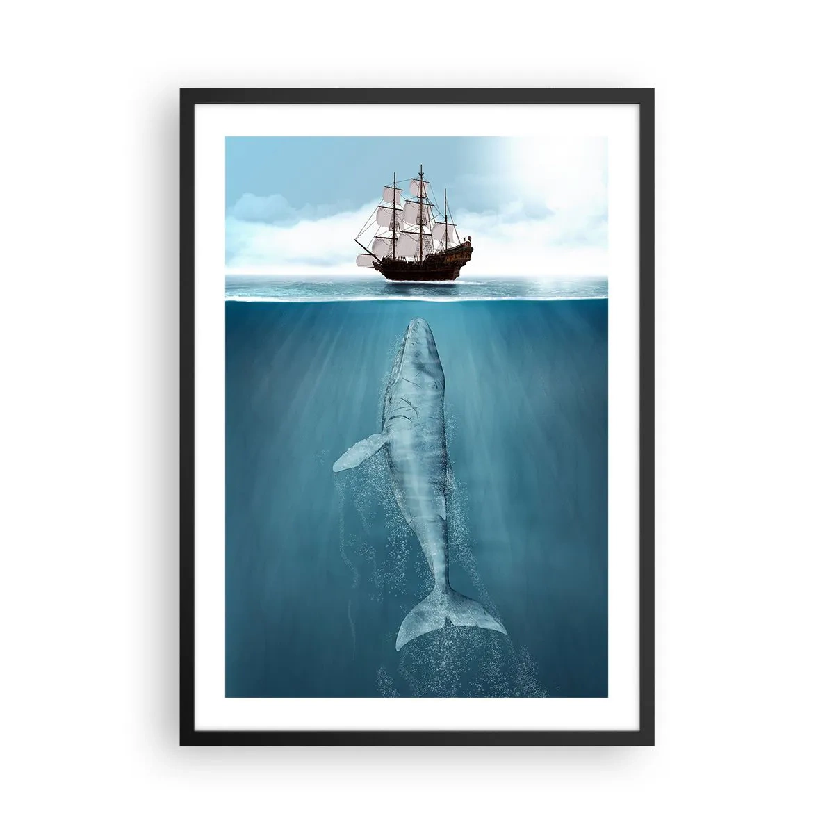 Plakát v černém rámu - Loď na hladině s velrybou pod ní, v surrealistickém záběru - 50x70cm - Lepší nevědět - Moderní nástěnná dekorace do obývacího pokoje a ložnice ARTTOR