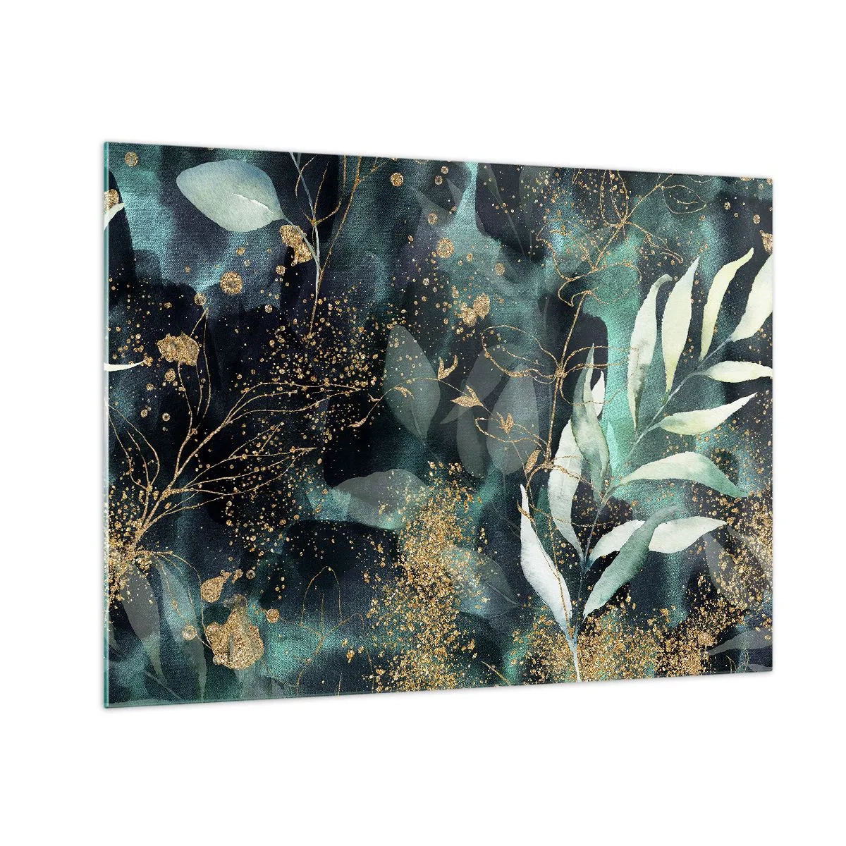 Obraz na skle - Zlaté a zelené listy na tmavém pozadí - 70x50cm - Kouzelná zahrada - Moderní nástěnná dekorace do obývacího pokoje a ložnice ARTTOR