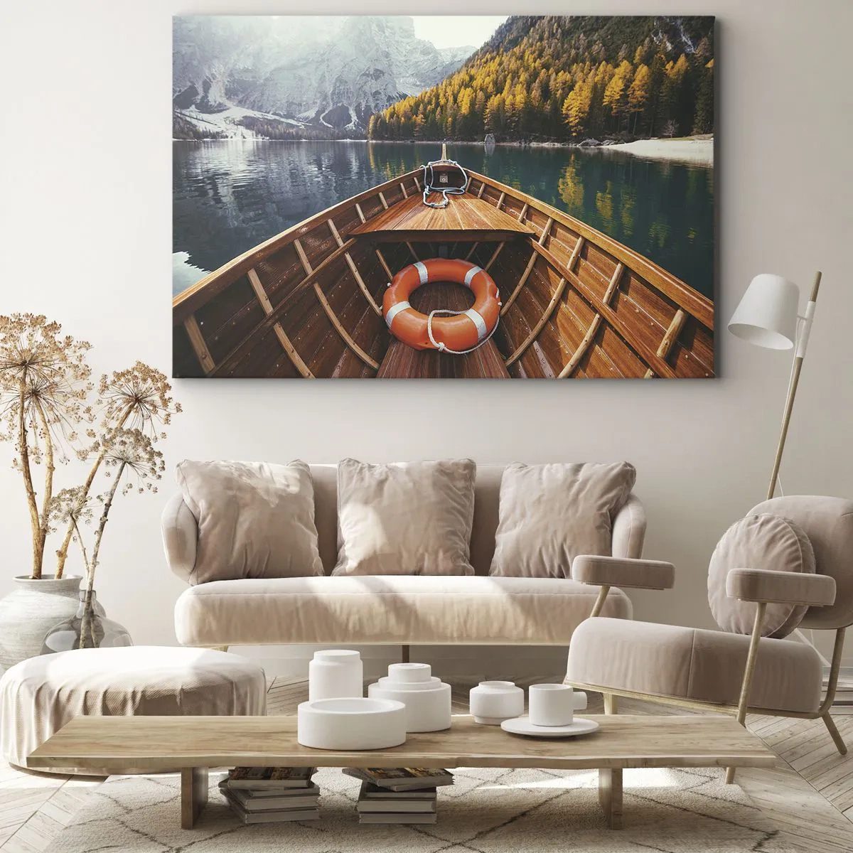 Obraz na plátně - Dřevěná loď na horském jezeře obklopeném lesem - 70x50cm - Horská túra - Moderní nástěnná dekorace do obývacího pokoje a ložnice ARTTOR
