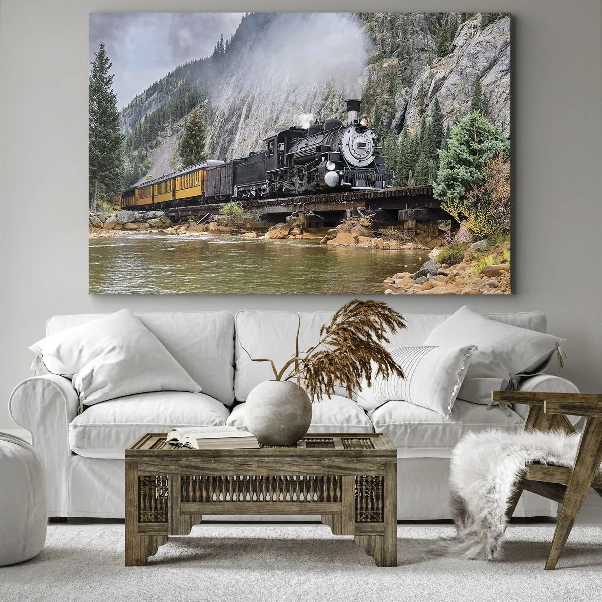 Obraz na plátně - Parní lokomotiva na mostě v malebné horské krajině - 70x50cm - Kampak? Kam? - Moderní nástěnná dekorace do obývacího pokoje a ložnice ARTTOR