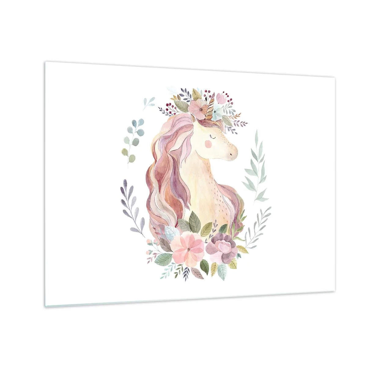 Obraz na skle - Kreslený jednorožec s hřívou v pastelové květinové barvě - 70x50cm - Pozvánka do říše pohádek - Moderní nástěnná dekorace do obývacího pokoje a ložnice ARTTOR