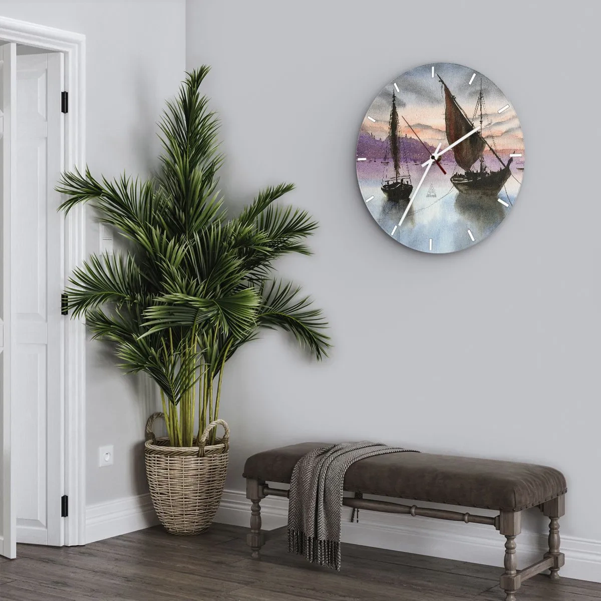 Nástěnné hodiny - Plachetnice na vodě při západu slunce - 30x30cm - Večer v přístavu - Moderní nástěnná dekorace do obývacího pokoje, kuchyně a ložnice ARTTOR