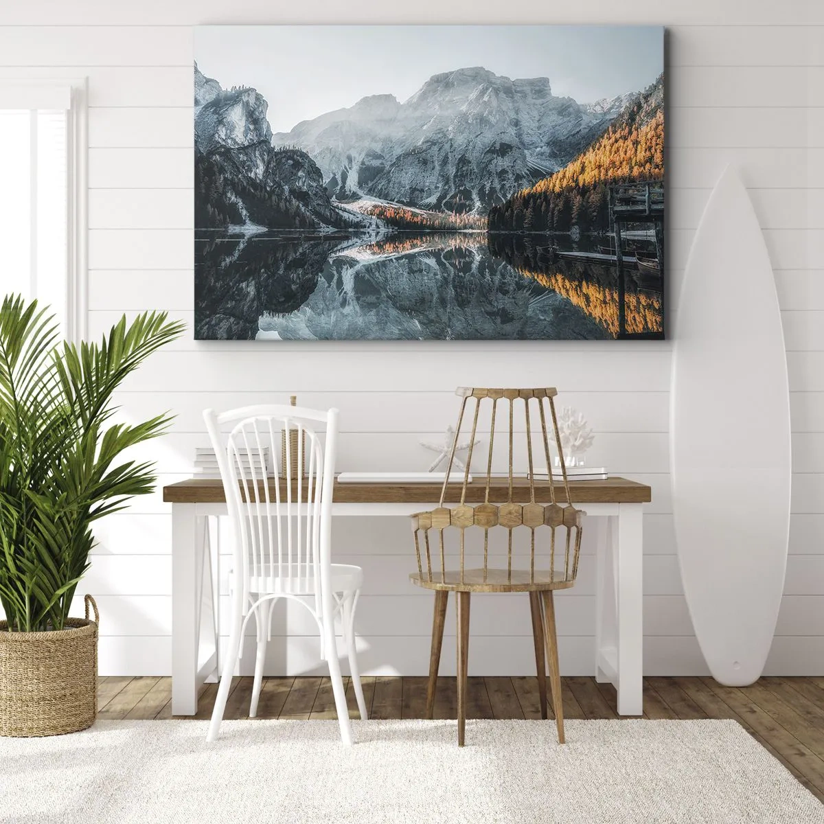 Obraz na plátně - Horská krajina odrážející se v klidné hladině jezera - 70x50cm - Zrcadlová krajina - Moderní nástěnná dekorace do obývacího pokoje a ložnice ARTTOR