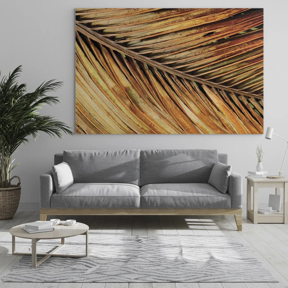 Obraz na skle - Detail suchých, zlatých palmových listů - 70x50cm - Kokosové zlato - Moderní nástěnná dekorace do obývacího pokoje a ložnice ARTTOR