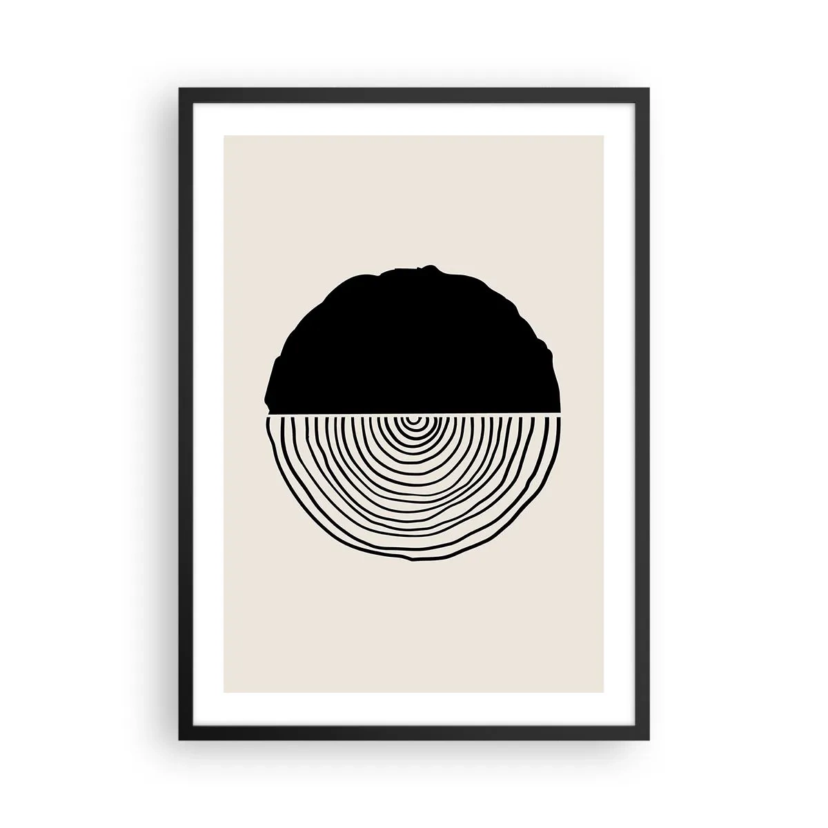 Plakát v černém rámu - Minimalistická grafika znázorňující průřez dřevem - 50x70cm - Půl na půl - Moderní nástěnná dekorace do obývacího pokoje a ložnice ARTTOR