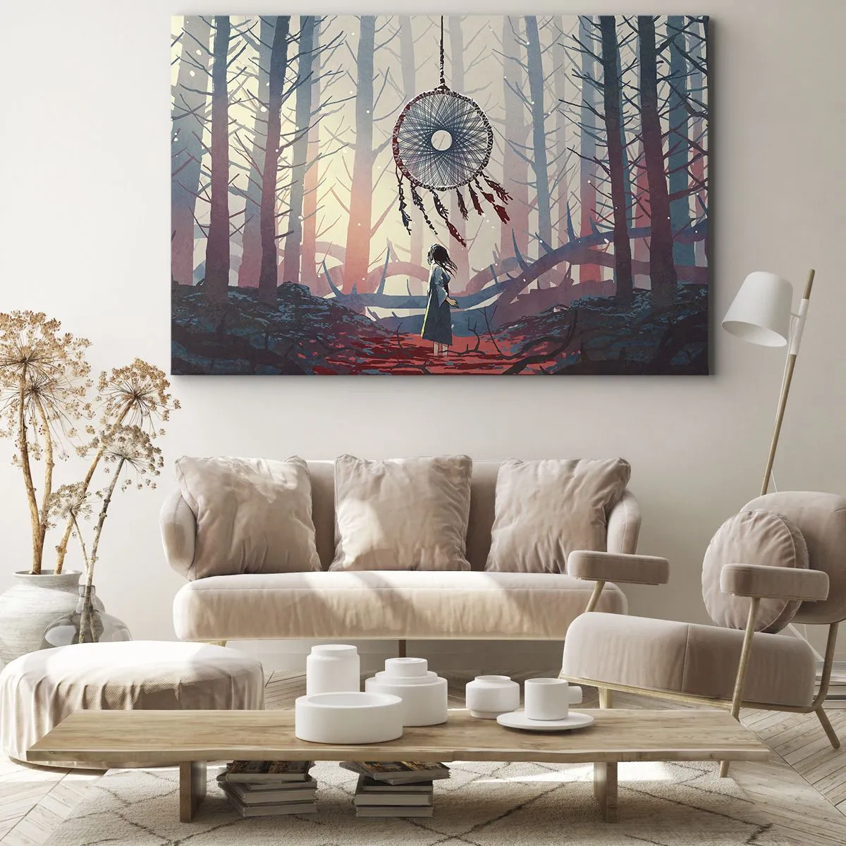 Obraz na plátně - Lesní scéna s obřím lapačem snů - 70x50cm - Tajný rituál štěstí - Moderní nástěnná dekorace do obývacího pokoje a ložnice ARTTOR