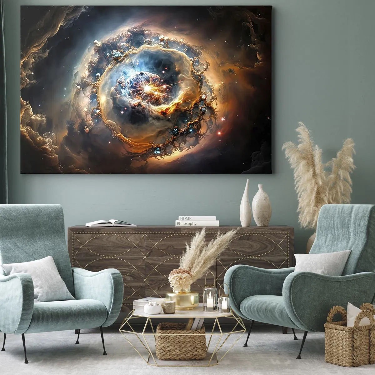 Obraz na plátně - Abstraktní vize kosmické exploze v odstínech zlaté a modré. - 70x50cm - Začátek - Moderní nástěnná dekorace do obývacího pokoje a ložnice ARTTOR