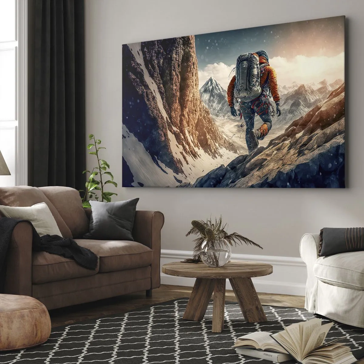 Obraz na plátně - Horolezec na horské stezce v zimní krajině - 70x50cm - Osamělý bojovník - Moderní nástěnná dekorace do obývacího pokoje a ložnice ARTTOR
