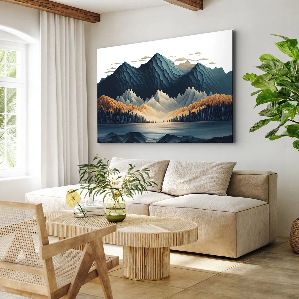 Obraz na plátně - Malebné hory nad jezerem při západu slunce - 70x50cm - Dokonalá horská krajina - Moderní nástěnná dekorace do obývacího pokoje a ložnice ARTTOR