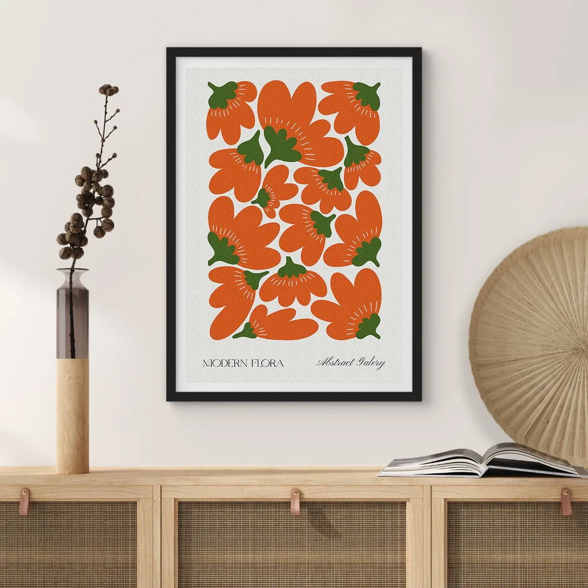 Plakát v černém rámu - Abstraktní oranžové květy na světlém pozadí - 50x70cm - Ze života květin - Moderní nástěnná dekorace do obývacího pokoje a ložnice ARTTOR