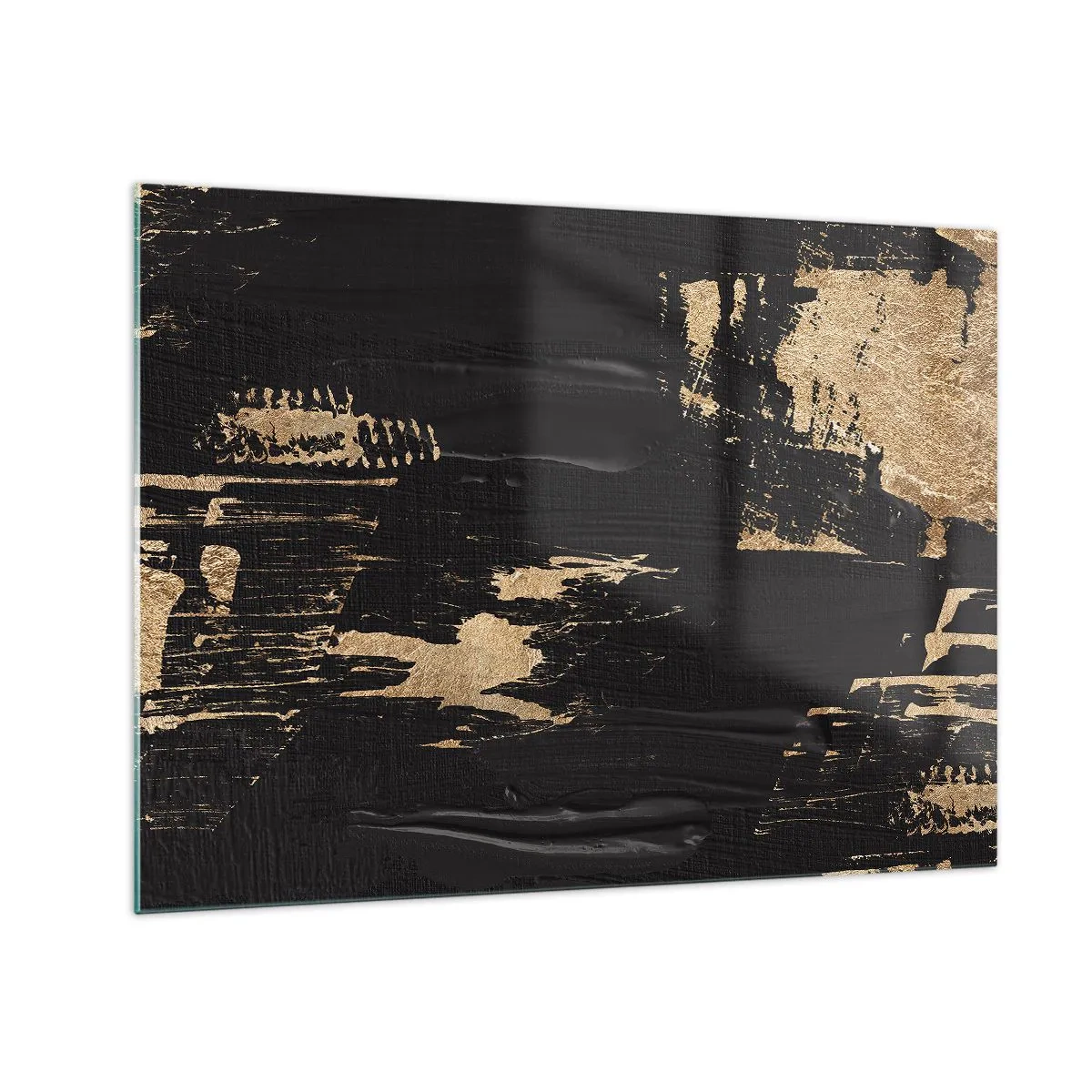 Obraz na skle - Černá a zlatá abstrakce s texturou podobnou tahu štětcem - 70x50cm - Stopa doteku - Moderní nástěnná dekorace do obývacího pokoje a ložnice ARTTOR