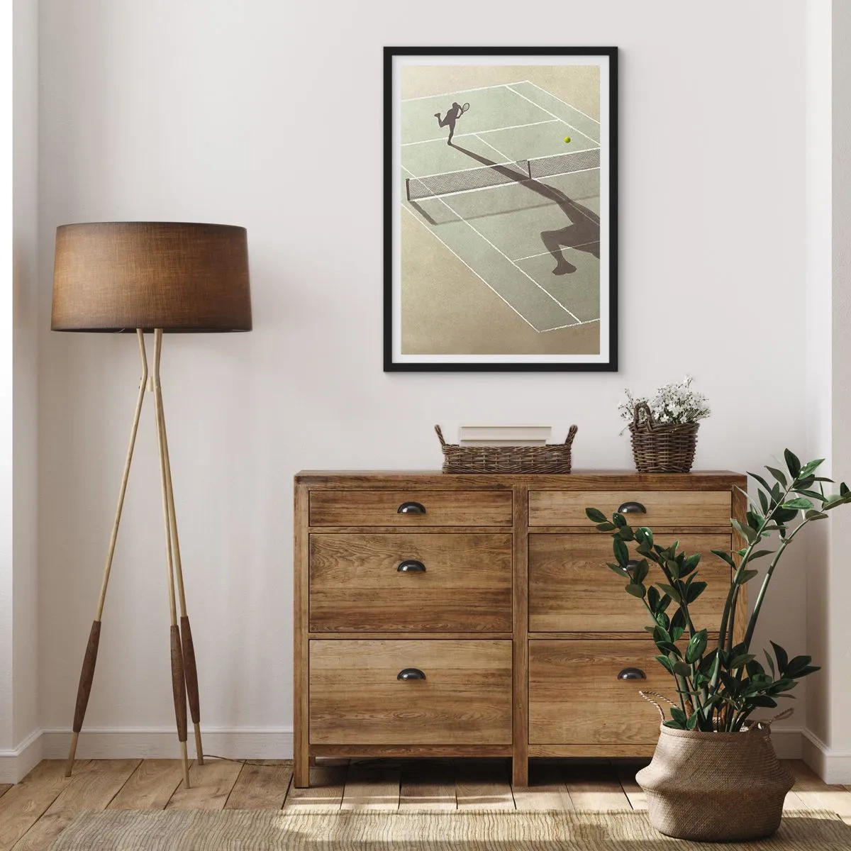 Plakát v černém rámu - Tenista podávající na kurtu - 50x70cm - Dobývání sama sebe - Moderní nástěnná dekorace do obývacího pokoje a ložnice ARTTOR