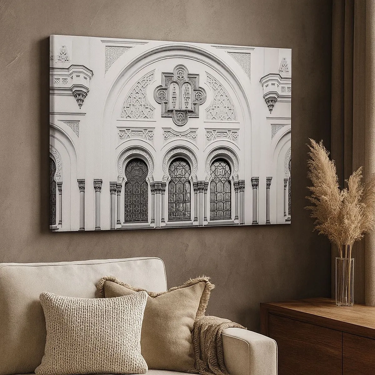 Obraz na plátně - Architektonické detaily fasády v monochromatickém stylu - 70x50cm - Na pomezí kultur - Moderní nástěnná dekorace do obývacího pokoje a ložnice ARTTOR