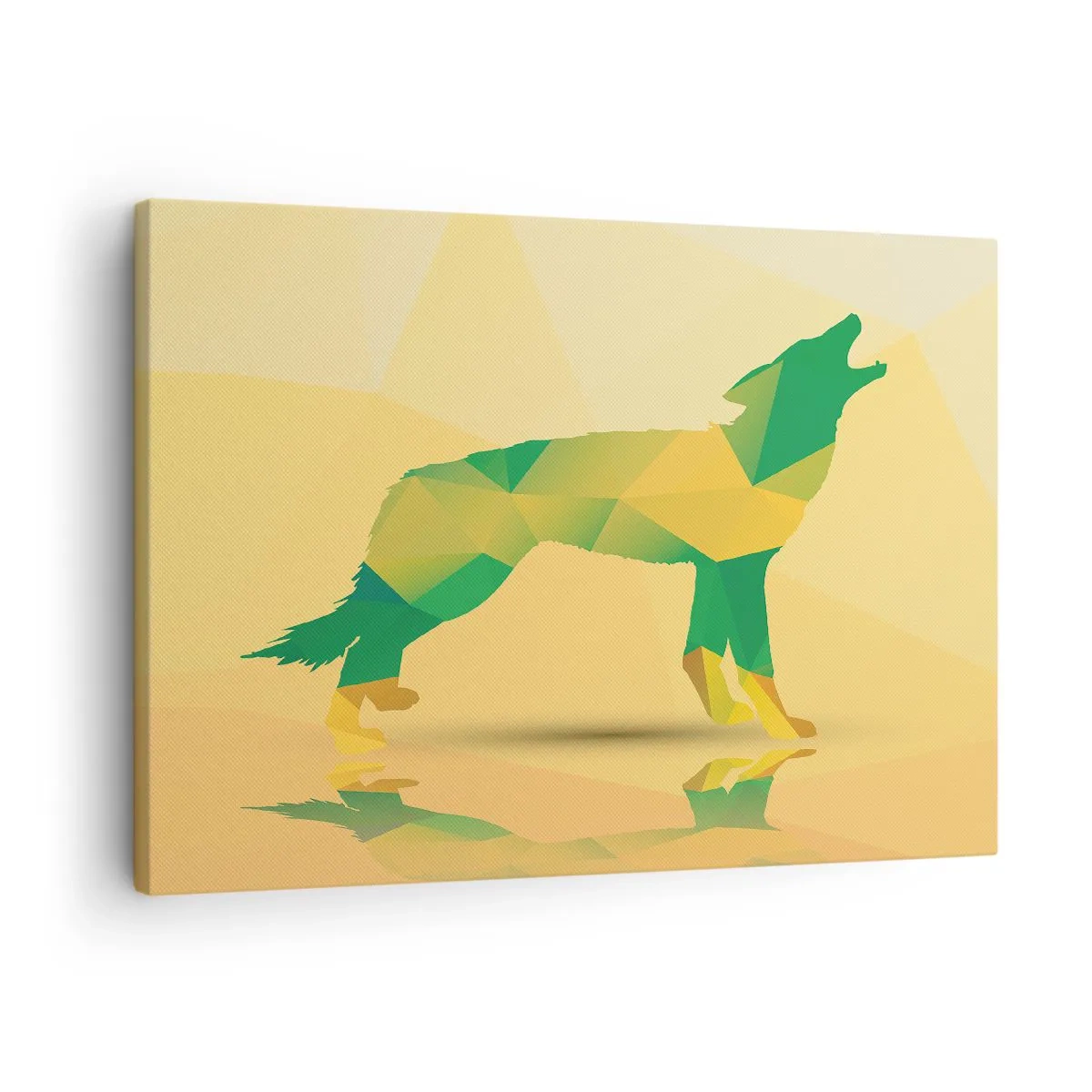 Obraz na plátně - Geometrická silueta vlka v zelených a žlutých odstínech - 70x50cm - Samotný vlk - Moderní nástěnná dekorace do obývacího pokoje a ložnice ARTTOR