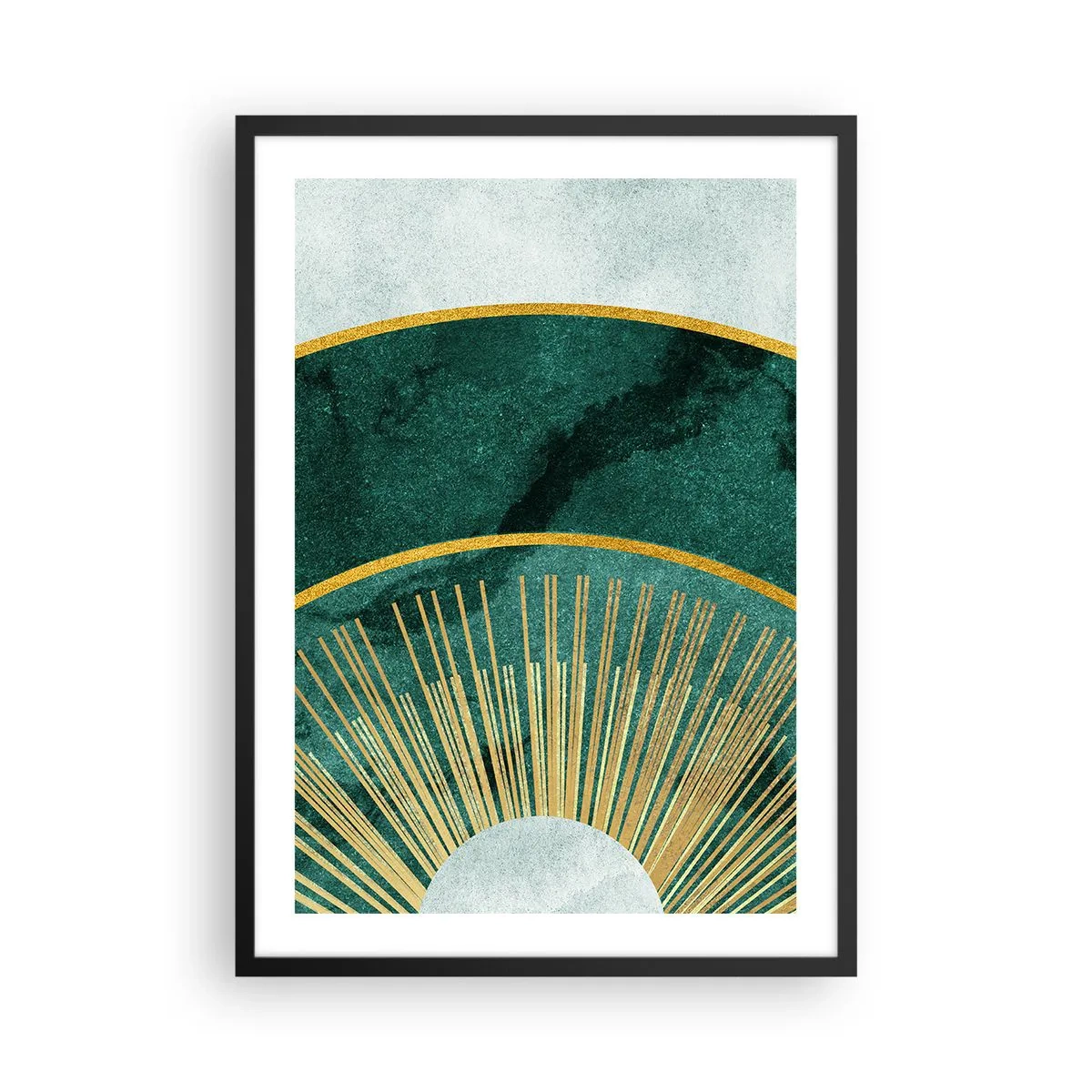 Plakát v černém rámu - Elegantní geometrická kompozice v odstínech zelené a zlaté - 50x70cm - Jiná sluneční soustava - Moderní nástěnná dekorace do obývacího pokoje a ložnice ARTTOR