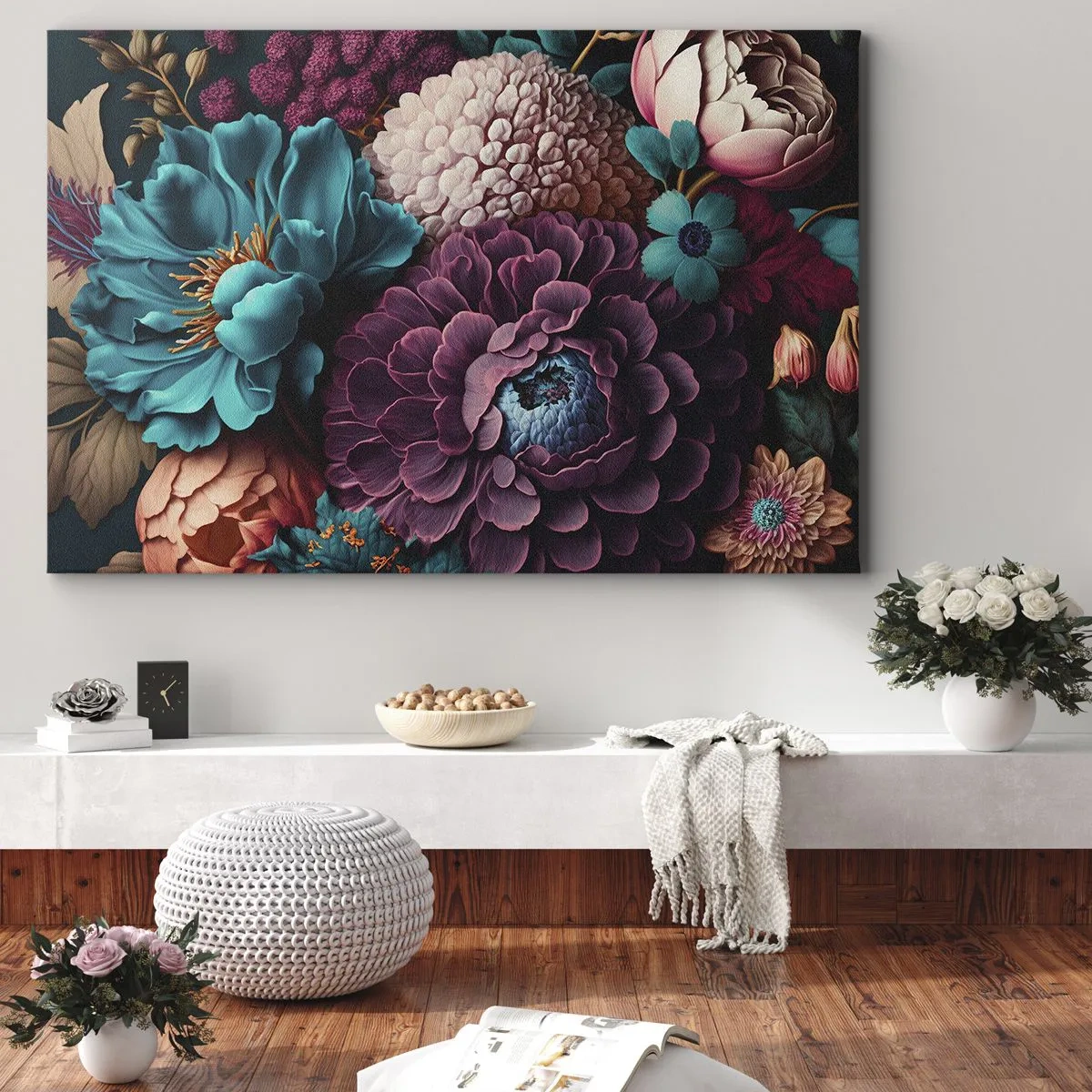 Obraz na plátně - Kytice květin v intenzivních barvách na tmavém pozadí - 70x50cm - Úroda přírody - Moderní nástěnná dekorace do obývacího pokoje a ložnice ARTTOR