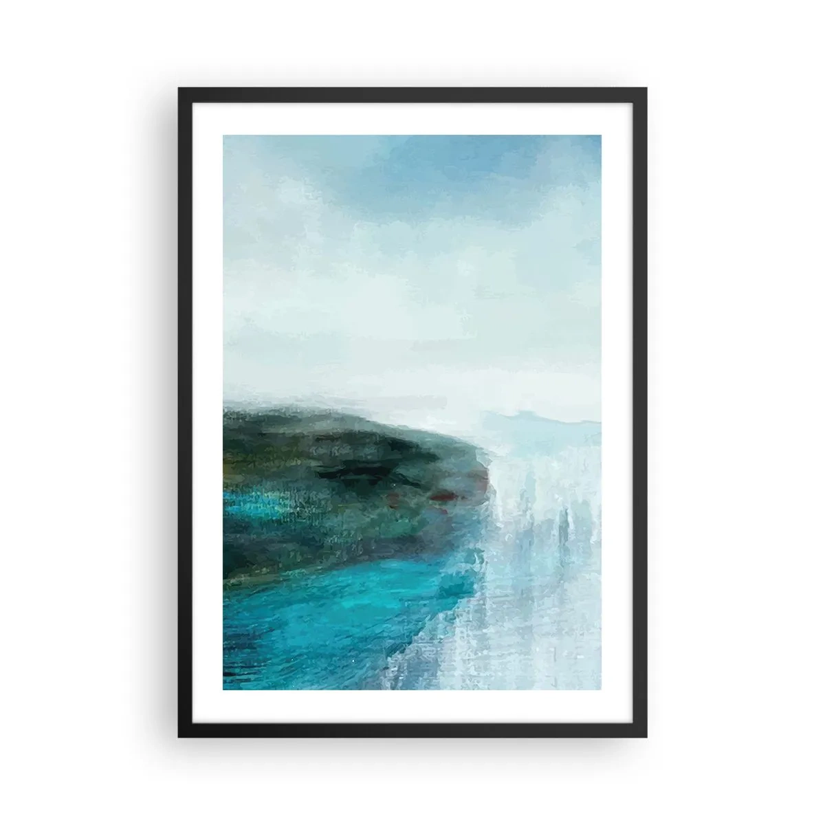 Plakát v černém rámu - Malebná krajina s útesem nad vodou v odstínech modré. - 50x70cm - Námořní abstrakce - Moderní nástěnná dekorace do obývacího pokoje a ložnice ARTTOR