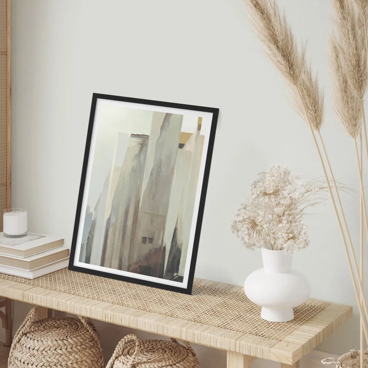 Plakát v černém rámu - Abstraktní architektura v tlumených barvách - 50x70cm - Sen o městě - Moderní nástěnná dekorace do obývacího pokoje a ložnice ARTTOR