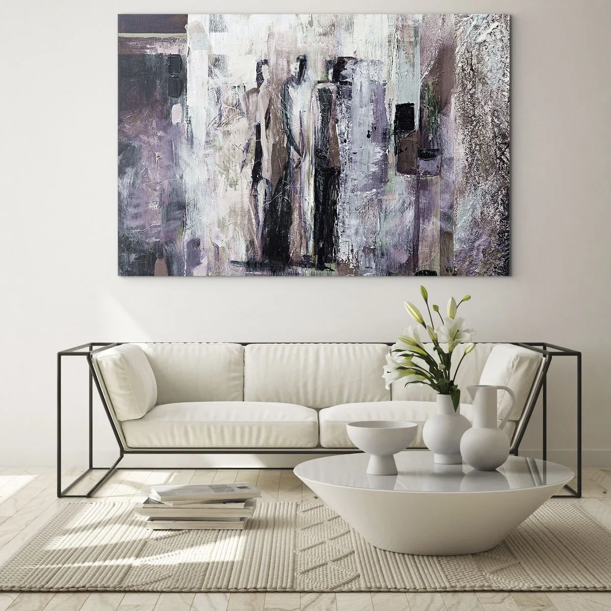 Obraz na skle - Abstraktní siluety postav na texturovaném pozadí s barvou - 70x50cm - Tajemná trojice - Moderní nástěnná dekorace do obývacího pokoje a ložnice ARTTOR