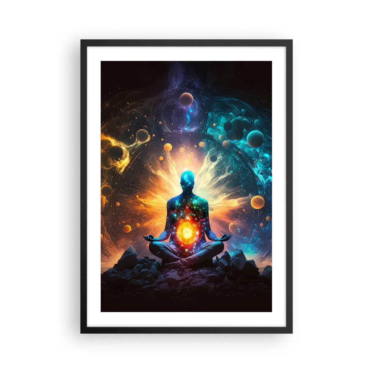 Plakát v černém rámu - Meditující postava v kosmické auře plné energie - 50x70cm - Vesmírný klid - Moderní nástěnná dekorace do obývacího pokoje a ložnice ARTTOR