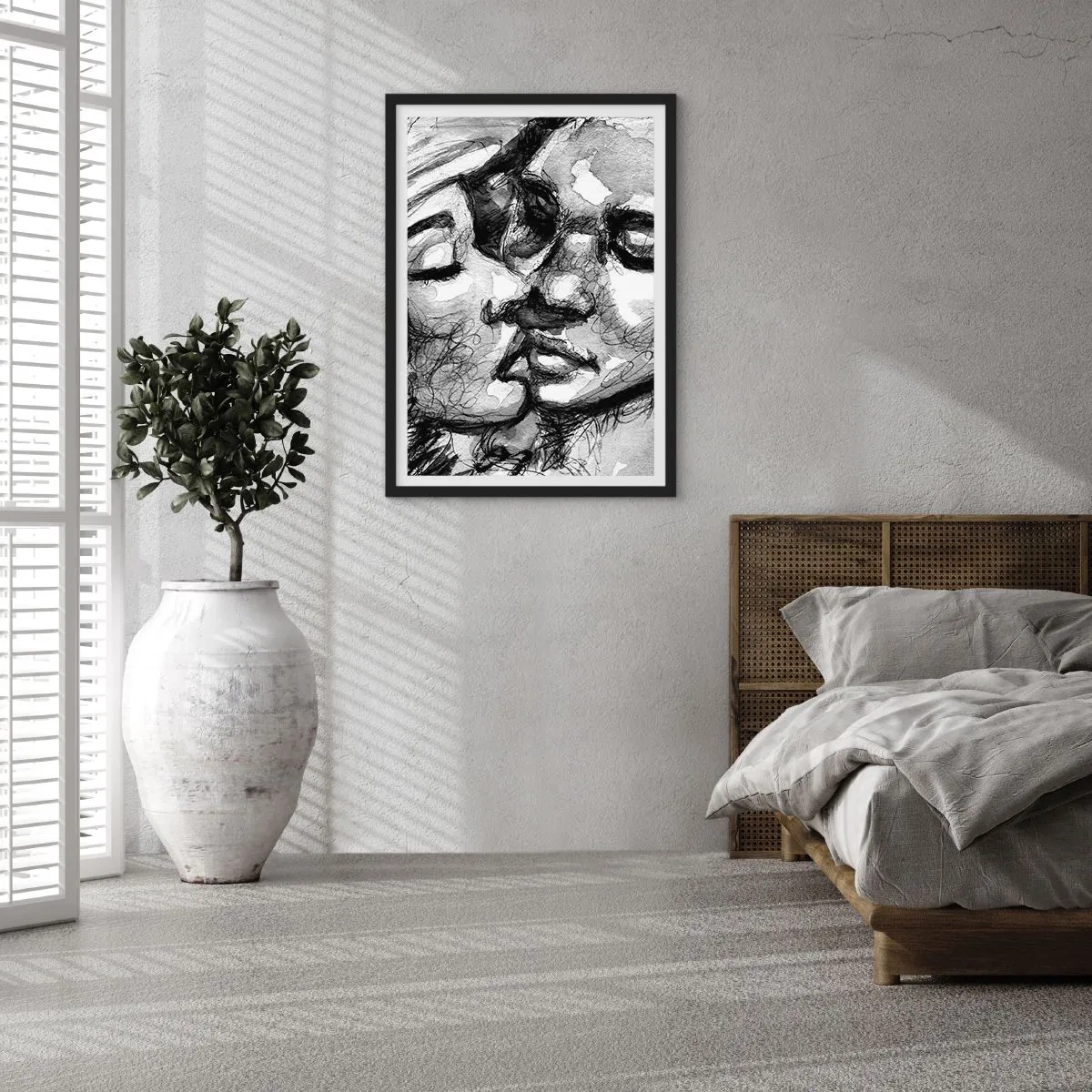 Plakát v černém rámu - Abstraktní černobílý portrét polibku - 50x70cm - Něžný okamžik - Moderní nástěnná dekorace do obývacího pokoje a ložnice ARTTOR