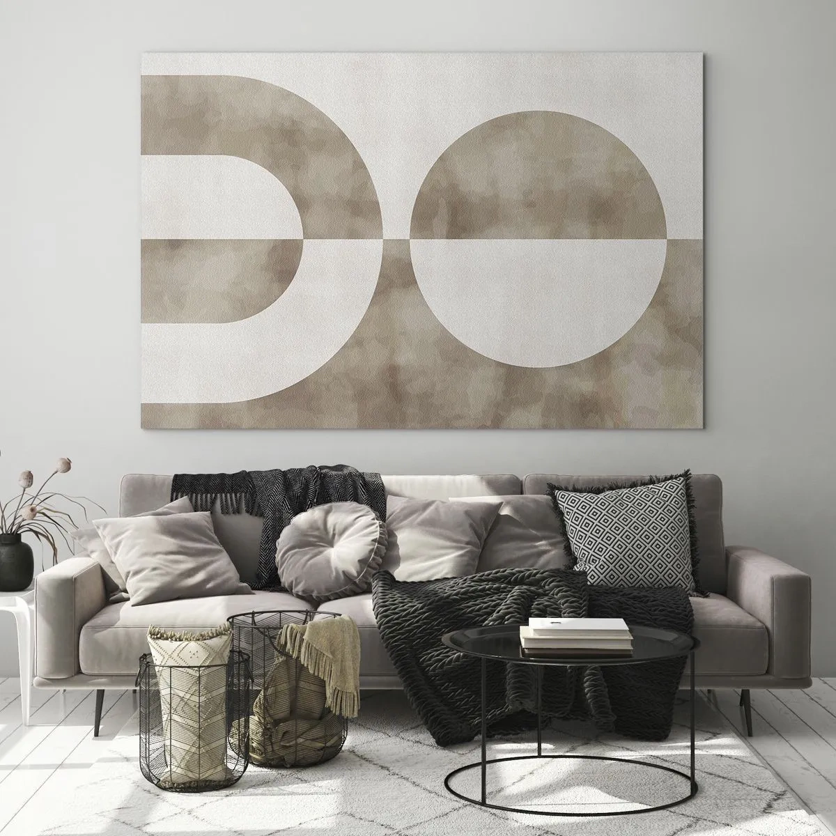 Obraz na skle - Béžová geometrie s půlkruhem a kruhem na horizontálním pozadí - 70x50cm - Podobnosti a rozdíly - Moderní nástěnná dekorace do obývacího pokoje a ložnice ARTTOR