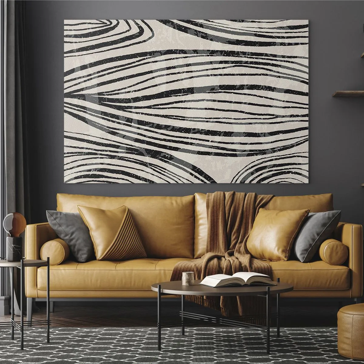 Obraz na skle - Vlny černých čar na světlém pozadí - 70x50cm - Močál s liniemi - Moderní nástěnná dekorace do obývacího pokoje a ložnice ARTTOR