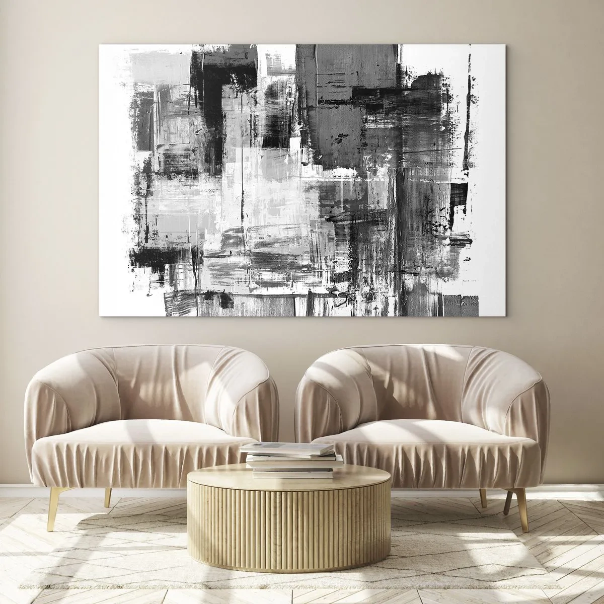 Obraz na skle - Černobílá abstrakce s geometrickou strukturou - 70x50cm - Šedé je krásné - Moderní nástěnná dekorace do obývacího pokoje a ložnice ARTTOR