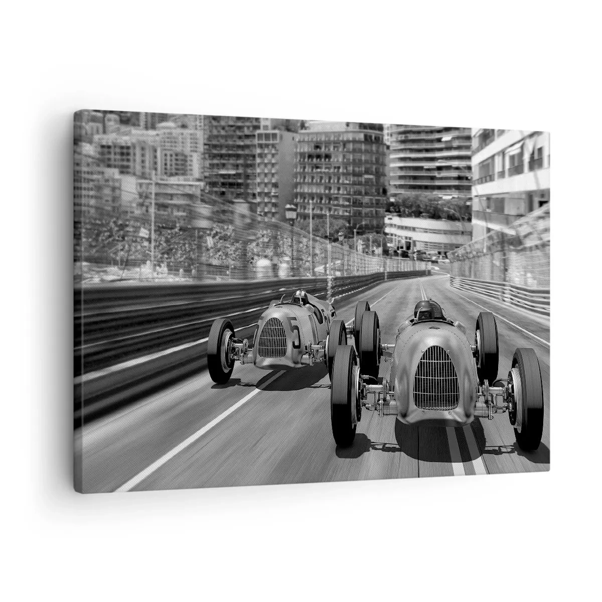 Obraz na plátně - Monochromatický retro auto závodní scéna - 70x50cm - Kdysi dávno v Monte Carlu - Moderní nástěnná dekorace do obývacího pokoje a ložnice ARTTOR