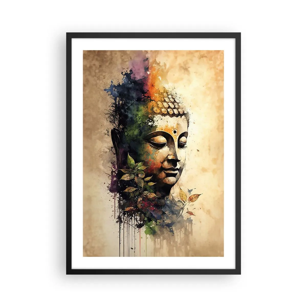 Plakát v černém rámu - Barevný portrét Buddhy v uměleckém stylu akvarelu. - 50x70cm - Namaste! - Moderní nástěnná dekorace do obývacího pokoje a ložnice ARTTOR