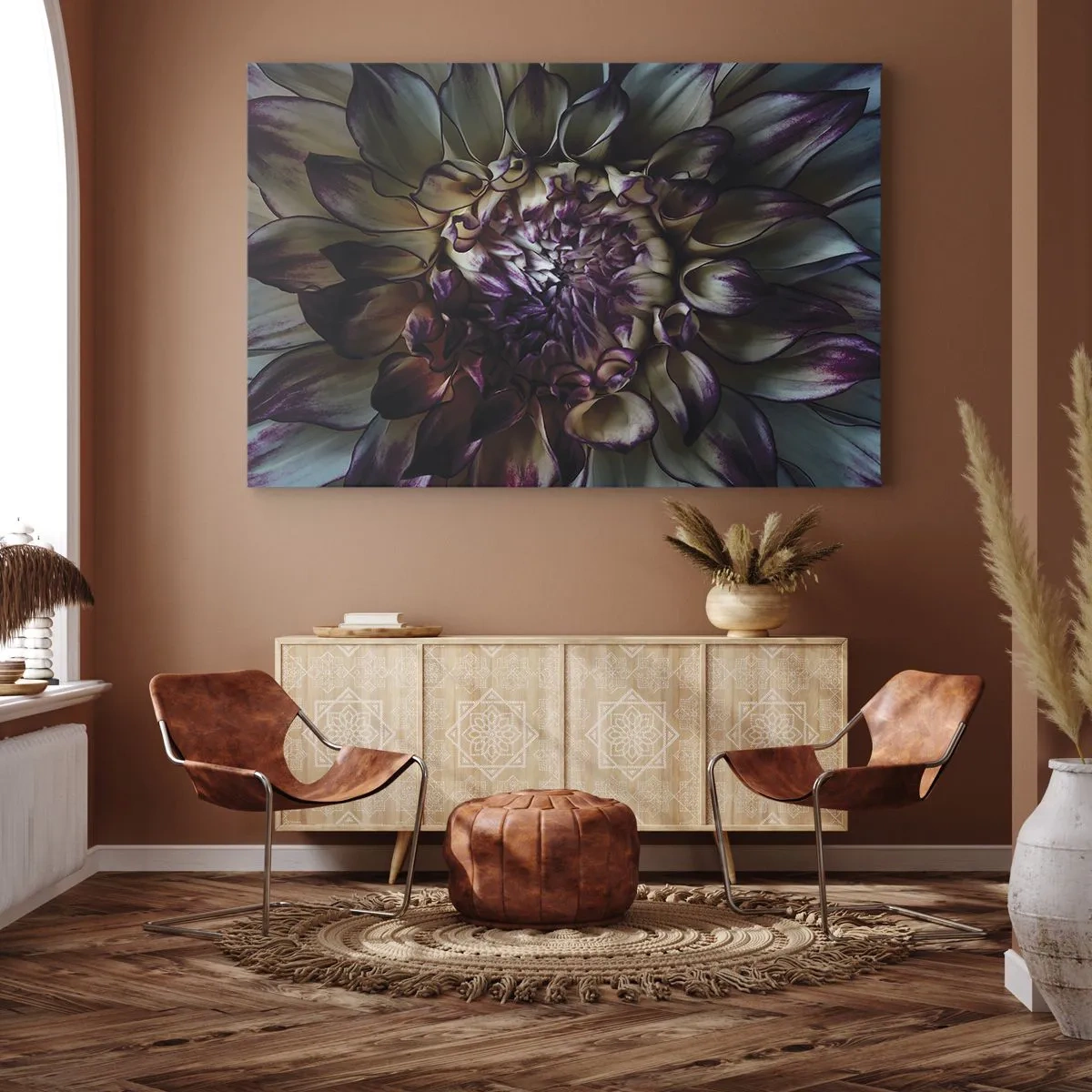Obraz na plátně - Detailní záběr na květ jiřiny v tmavých tónech - 70x50cm - Rozkvět mládí - Moderní nástěnná dekorace do obývacího pokoje a ložnice ARTTOR