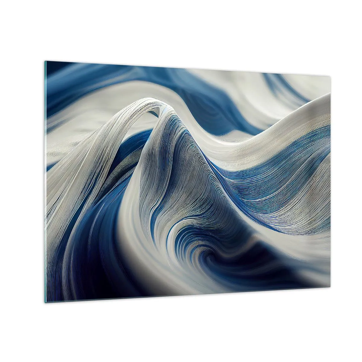 Obraz na skle - Dynamická abstrakce v odstínech modré a bílé - 70x50cm - Plynulost modré a bílé - Moderní nástěnná dekorace do obývacího pokoje a ložnice ARTTOR